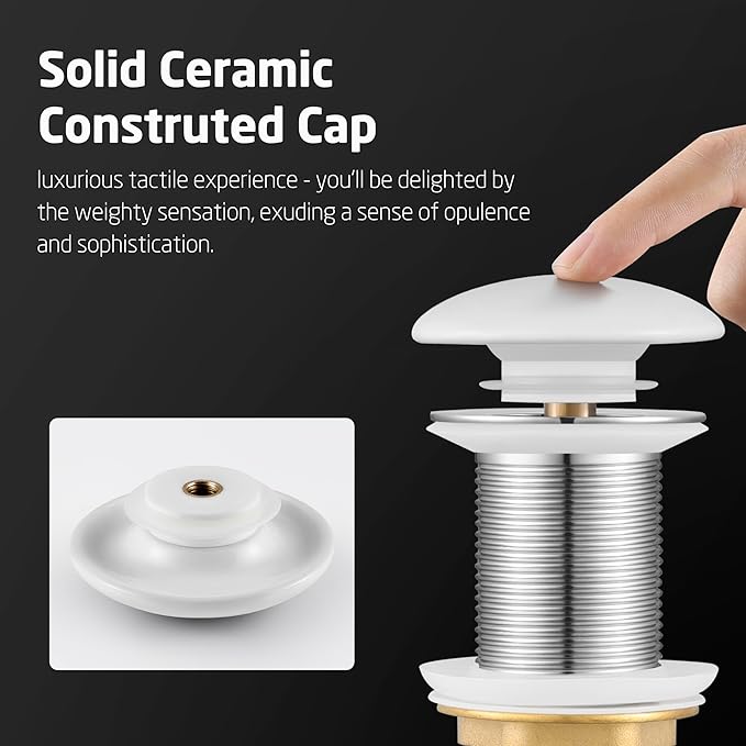 KES Bathroom Sink Drain Without Overflow, Pop Up Drain for Bathroom Sink, Bathroom Sink Stopper (White Ceramic Cap and All-Metal Body), S2008D-CW
