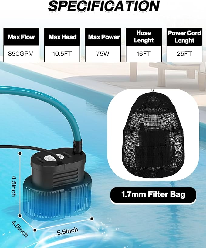 Pool Cover Pump Above Ground - Submersible Sump Pump, Swimming Water Removal Pumps, with Drainage Hose & 25 Feet Extra Long Power Cord, 850 GPH inGround, 3 Adapters Black