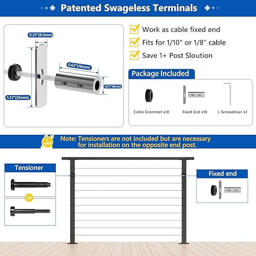 10 Pack Patent Swageless 1/10" 1/8" Invisible Cable Railing Kit Terminal Toggle Anchor Angle, Invisible T316 Stainless Steel Cable Railing Hardware for Corner, Stair & Wall Posts, Brushed
