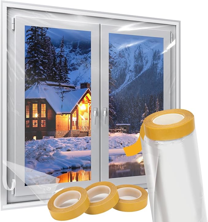 Window Insulation Kit, Plastic Window Covering 62 Inch Wide × 393 Inch Length with Double-Sided Tape, Insulator Seal Kit for 10 - 3'x5' Windows Winterizing for Winter, 1 Roll Clear