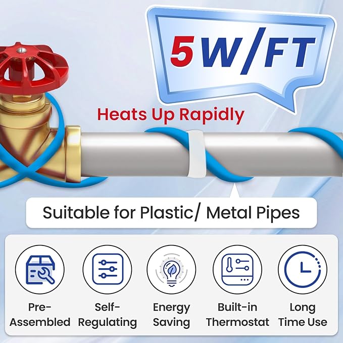 MAXKOSKO 2 Ft. 120 V Heating Cable for Pipe Freeze Protection, Self-Regulating Heat Tape for Water Pipes for Metal and Plastic Pipes, Energy-Saving Heat Trace Cable Keeps Water Flowing at -40 °F