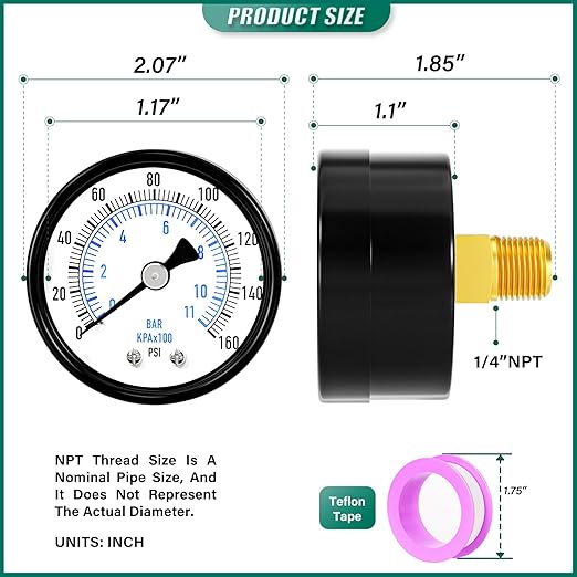 0-160psi Well Pump Pressure Gauge 1/4" NPT 2" Face Dial Size Back Mount, Multifunctional Practical Dry Pressure Gauge, for Water, Oil and Air Compressor