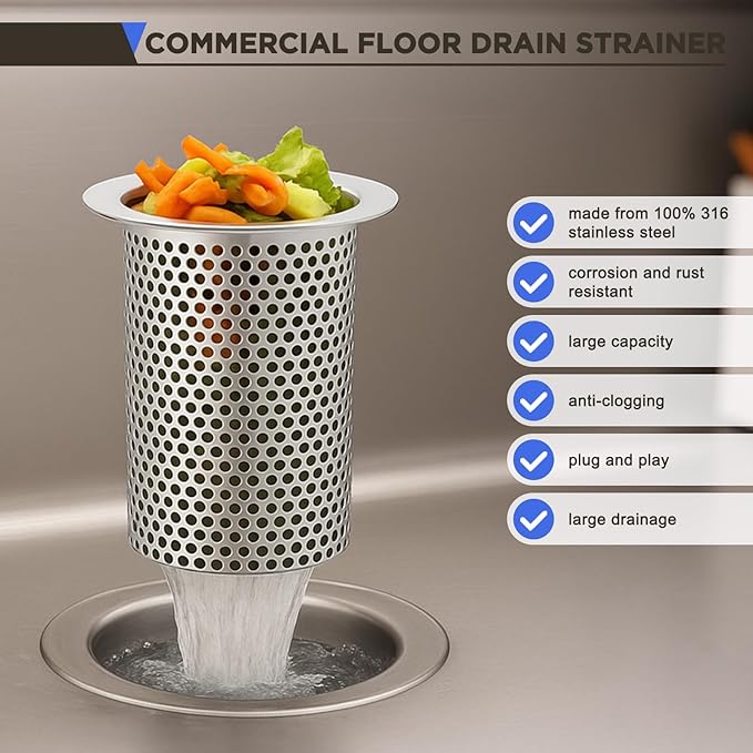 4" Diameter Commercial Floor Drain Strainer 6" Tall Perforated Cylindrical Mesh 316 Stainless Steel Drain Basket with Carry Handle –heavy-duty, for Restaurants, Kitchens, Factories