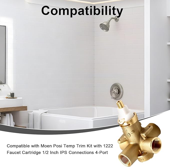 Pressure Balancing Tub and Shower Valve Compatible with Moen Posi Temp Trim Kit with 1222 Faucet Cartridge 1/2 Inch IPS Connections 4-Port Design Replace#: 2510