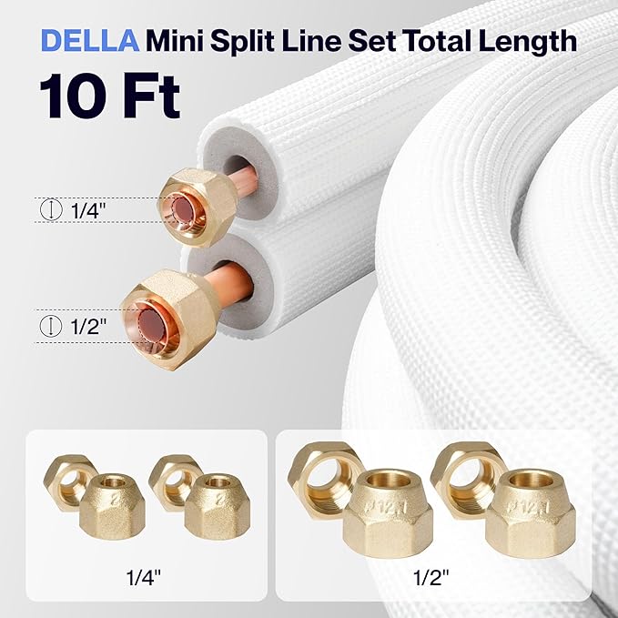 DELLA 10 Ft Mini Split Line Set, Includes 1/4" & 1/2" O.D. Copper Pipes with Flared Nuts and a 3/8" Thick White PE Insulated Coil, Perfect for Mini Split AC and other HVAC Systems