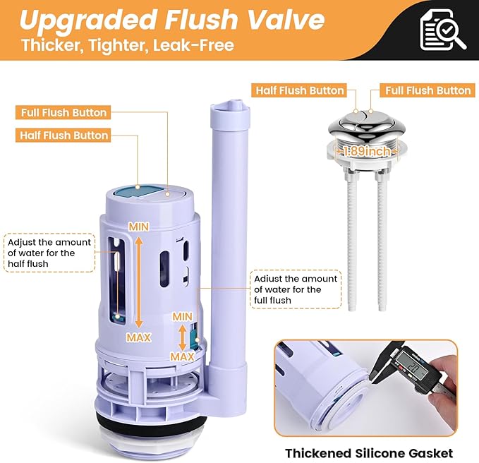 3-Inch Dual Flush Valve Replacement Kit for 2-Piece Toilets, Universal Toilet Repair Kit with Push Button, Fill Valve, Gasket & Bolts,Compatible with Glacier Bay, Kohler, American Standard, and Toto