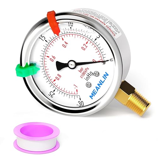 MEANLIN MEASURE -30inHG~0Psi Vacuum Pressure Gauge 1/4" NPT 2.5" FACE DIAL, Stainless Steel Liquid Filled Pressure Gauge WOG Water Oil Air Lower Mount (with 2PCS Snaps)