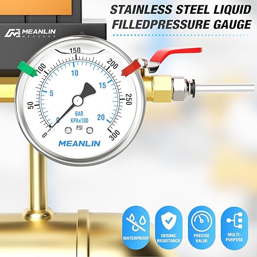MEANLIN MEASURE 0~300Psi Stainless Steel Liquid Filled Pressure Gauge 2.5" FACE DIAL 1/4" NPT for Air Compressor Air Regulator Water Filter Back Mount with Stainless Steel Hex Bushing and Snaps