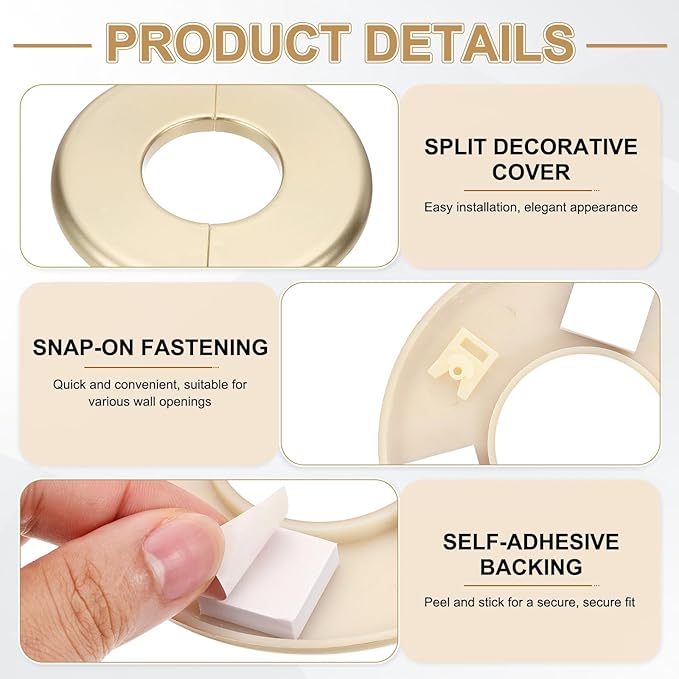 PATIKIL Wall Split Flange 105mm / 4.1" OD, 4 Pcs Round Escutcheon Plate Cover PPR Plumbing Cover Plates with Self-Adhesive Tape for 44mm / 1.7" Dia Water Pipe Faucet, Gold