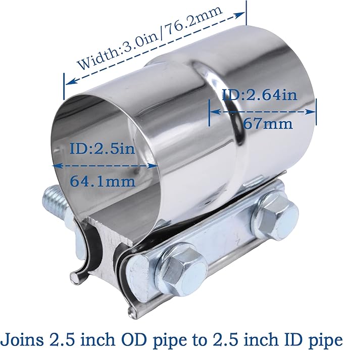 Exhaust Pipe Clamp 2.5 Inch Butt Joint Exhaust Clamp for 2.5" ID to 2.5" OD Pipe with Seal Band Clamp Sleeve 3 Inch Width 304 Stainless Steel (2PCS)