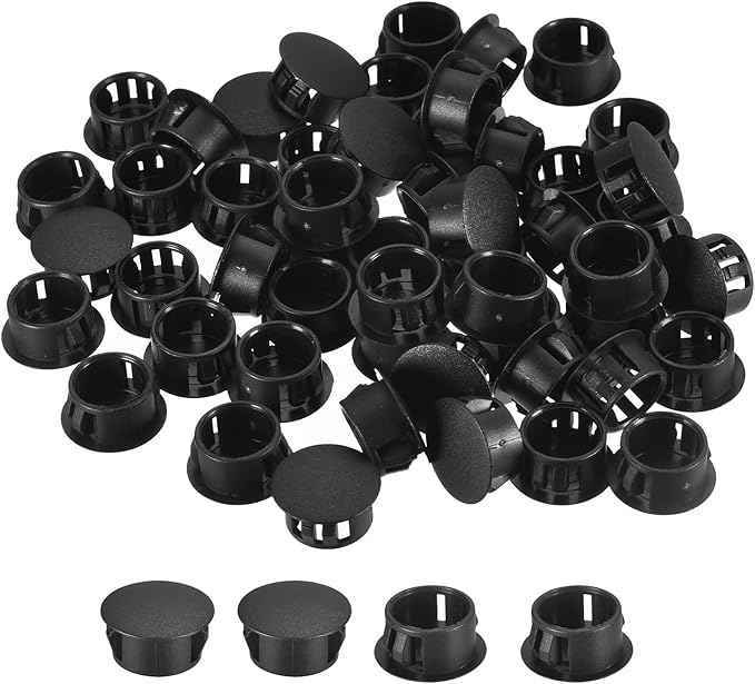 uxcell 5/8" Plastic Hole Plugs, 110Pcs Flush Type Panel Round Snap in Fastener Knockout Locking Plugs for Furniture Insert End Caps Panels, Black