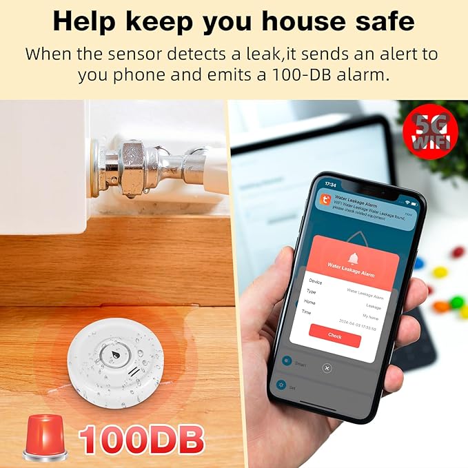 5 Pack WiFi Water Leak Sensor, 100 dB Water Alarm Leak Detector, for Home, Basement, Bathroom, Kitchen(5 Pack)