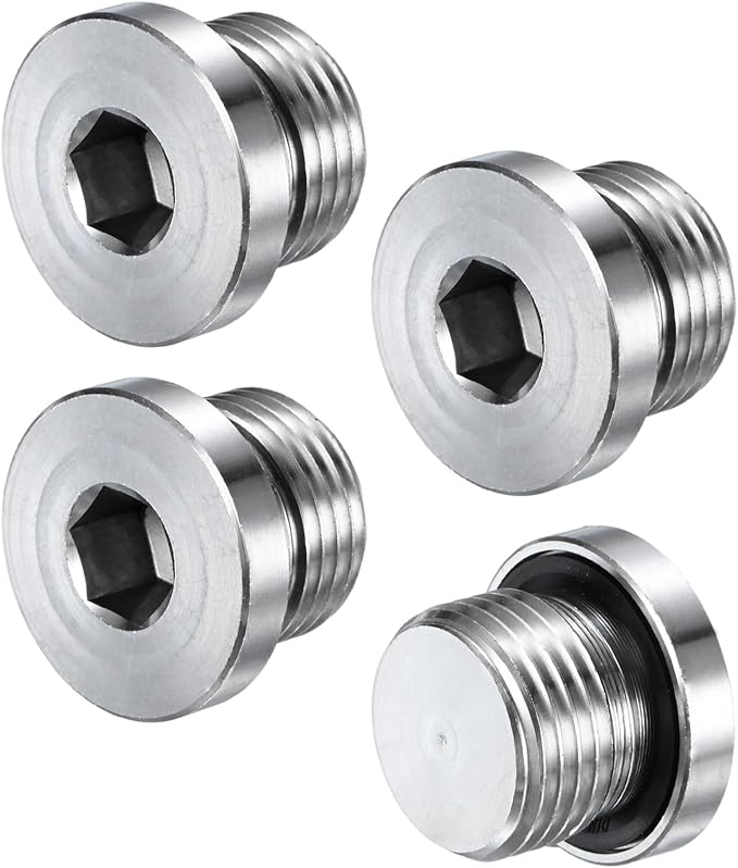 4-Pack Inner Hex Head Pipe Fitting Plug, 1/2 NPT 304 Stainless Steel Socket Bung Plug with Sealing Ring for Terminate Pipe Ends/Replacement Drains