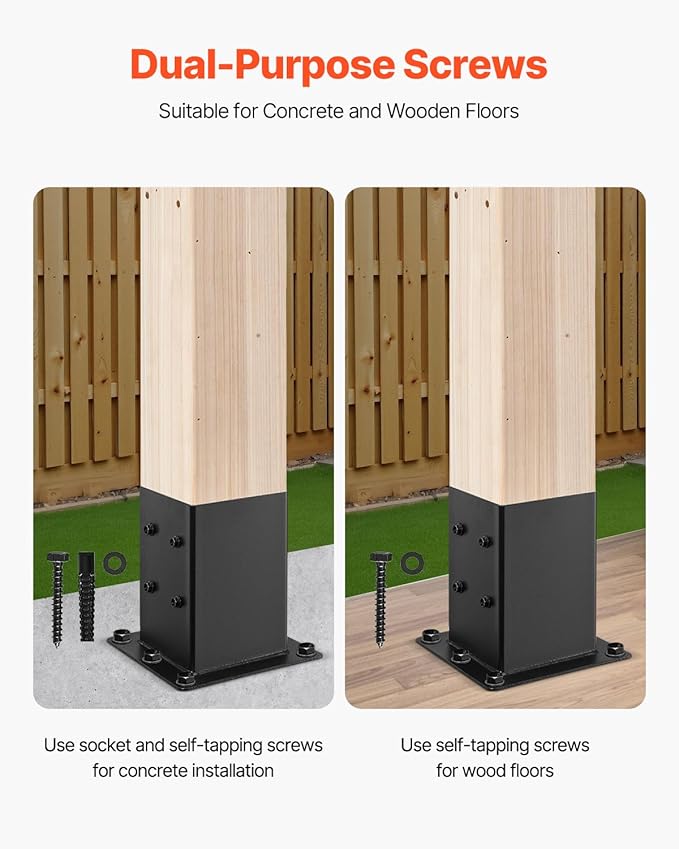 VEVOR 6x6 Post Base 4 Pcs, Inner Size 5.6x5.6 inch / 142x142 mm Post Brackets, Heavy Duty Carbon Steel Decking Posts, Wood Posts Brackets for Pavilion Deck Railing Support Deck Base Plate, Black