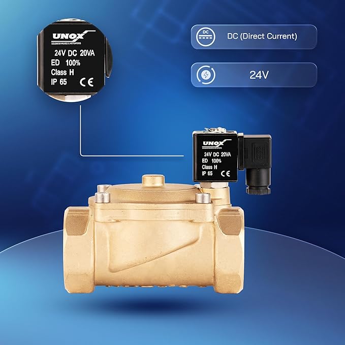 UNOX 2 inch NPT Solenoid Valve 24V DC, Brass Control Valve Normally Closed - 7-232 PSI Multi-Purpose Reliable Control Valve for Water, Air, and Gas - Solenoid Valves