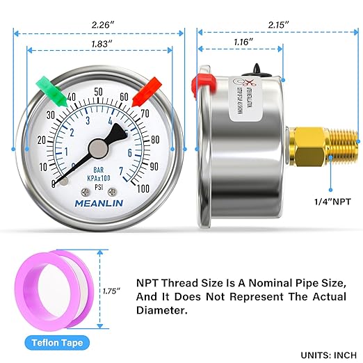 MEANLIN MEASURE 0~100Psi Dry Pressure Gauge Stainless Steel 1/4" NPT 2" FACE DIAL Waterproof for Well Pump Water Tire Water Pressure Tester Back Mount (with 2PCS Snaps)