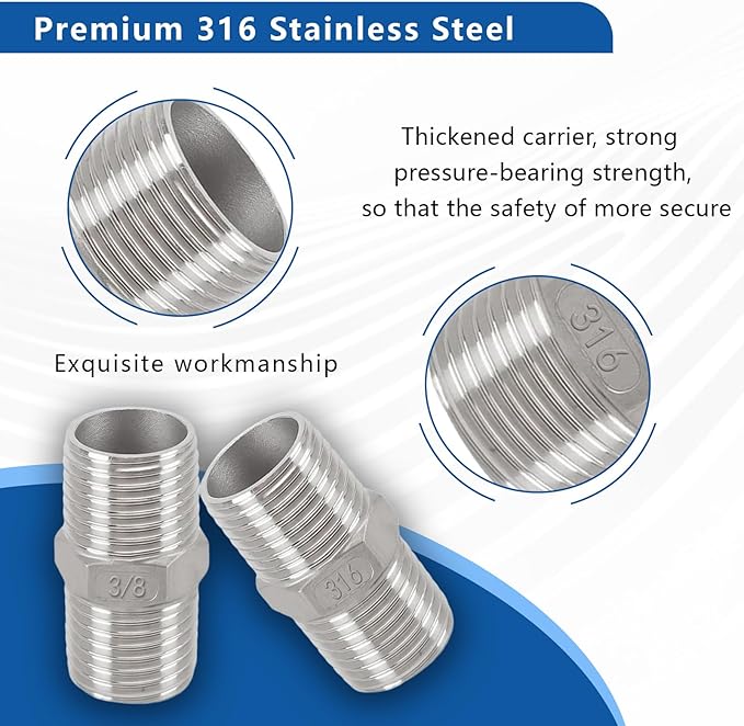 3/8" Male to 3/8" Male Hex Nipple Adapter, 316 Stainless Steel 3/8 Inch NPT Threaded Pipe Fitting, Heavy Duty Coupling for Plumbing Systems, Oil, Gas & Steam (2-Pack)