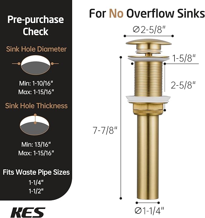 KES Sink Drain Without Overflow Bathroom Pop Up Drain Assembly Stopper Vessel Sink Brushed Gold for 1.6"-1.9" Sink Hole, All Metal Rustproof Brass and 304 Stainless Steel, S2008D-BZ
