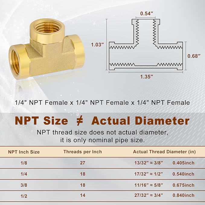 5pcs 1/4" Brass Tee Fittings 1/4" NPT Female Pipe to 1/4" NPT Female Pipe to 1/4 Inch NPT Female Brass Barstock Street Tee Pipe Fittings 3 Way Forged Brass Fittings