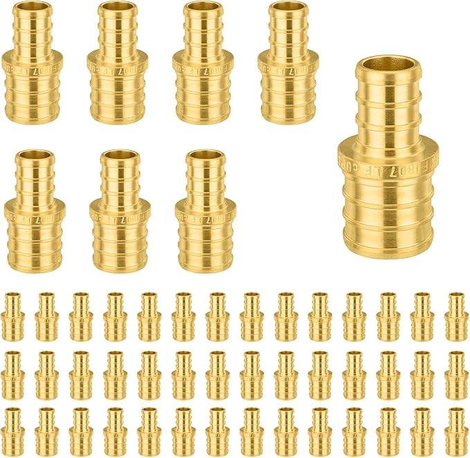 50-Pack Foskan 1/2" x 3/4" PEX Straight Reducing Coupling,Brass Crimp Fittings for PEX Tubing Pipe