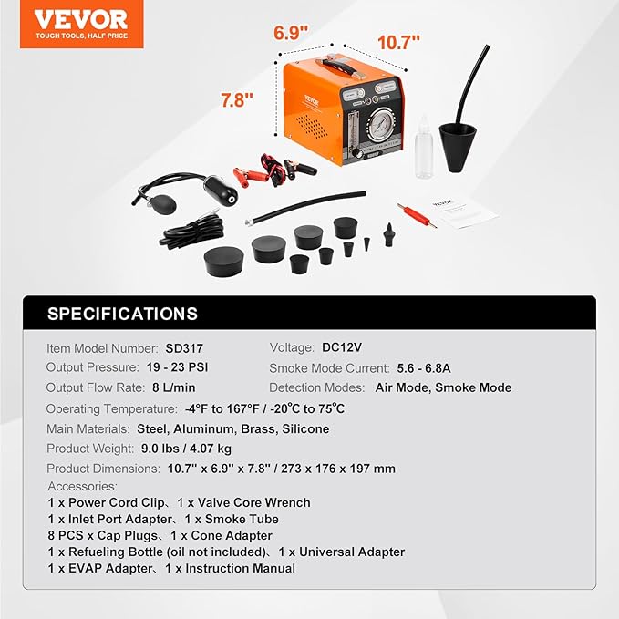 VEVOR Automotive Smoke Machine Leak Detector, EVAP Smoke Machine Leak Tester with Built-in Air Pump, Pressure Gauge & Flow Meter, Dual-Mode Diagnostic Leak Detector for Vacuum, Fuel, Pipeline Testing
