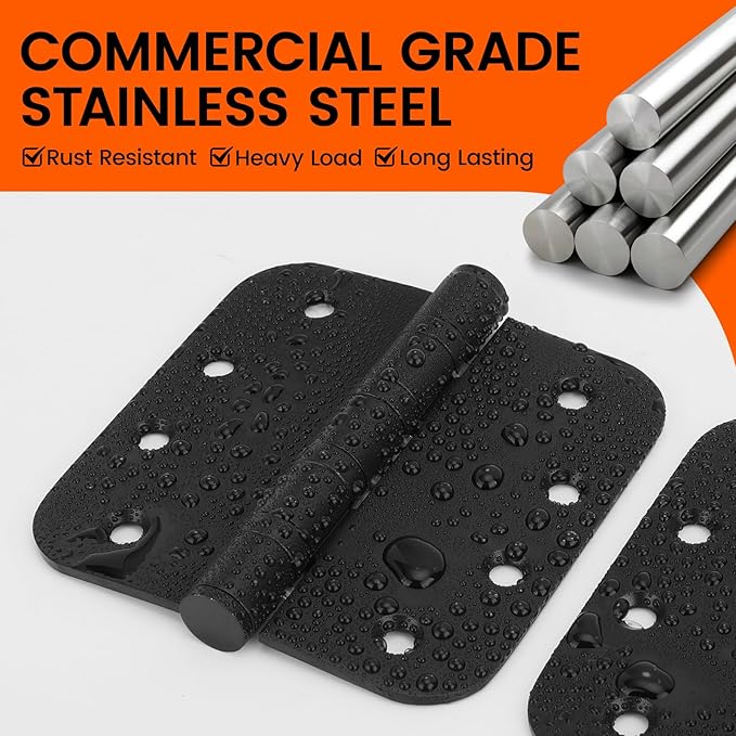 Haidms 304 Stainless Steel Matte Black Ball Bearing Door Hinges for Exterior & Interior Doors, Stainless Steel Heavy-Duty Door Hinges Black 4inch with 5/8'' Radius Corners 6PACK