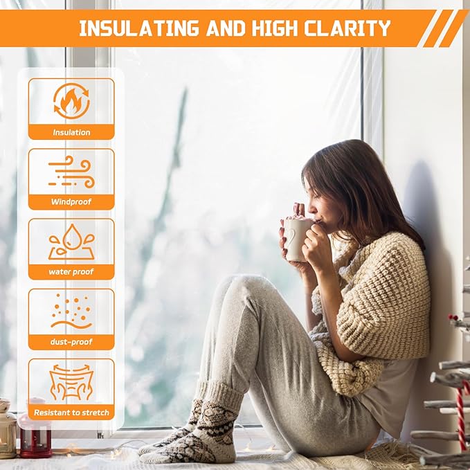 Window Insulation Kit for Winter, 47x63 Inch Cuttable Transparent Plastic Film with Adhesive Tape, Reusable Winterizing Cover for Thermal Insulation Easy to Install & Remove