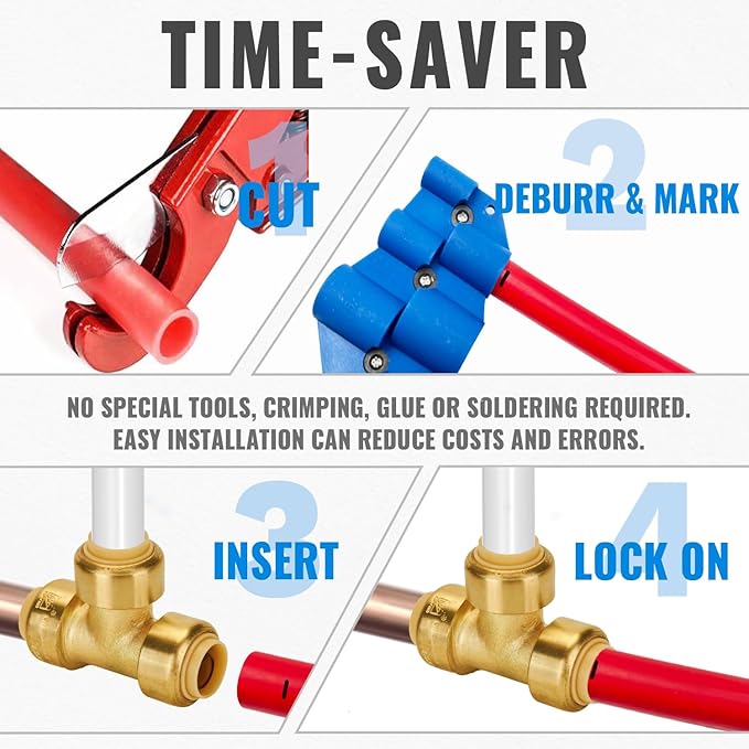SUNGATOR 1/2 Inch Tee, Push Pex Fittings 1/2 Inch, 1/2" T Fittings, No Lead Brass Push-to-Connect Plumbing Tee Connector for PEX Pipe, Copper, CPVC, with 1 Disconnect Clip, Pack of 2