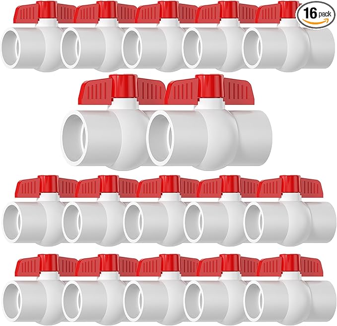 16PCS 3/4" PVC Ball Valve, SCH40 Slip PVC Water Pipe Valve with Easy Turn Red T-Handle, Shut-Off Ball Valve Socket for Swimming Pool, Sprinkler Lines, Outdoor Plumbing & Irrigation System