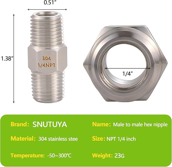 2PCS Hex Nipple 1/4" x 1/4" Male Pipe Fittings, 304 Stainless Steel 1/4 inch NPT Threaded Pipe Adapter Fittings, Male Straight Connector Pipe Fitting