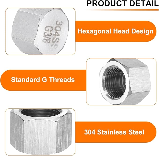 uxcell 2pcs Hex End Cap 304 Stainless Steel Nut with Washer, G3/8" Female Thread Pipe Fitting, Gas Line Water Line Stop Valve Cap Tubing Ends for Plumbing Fittings, Silver Tone