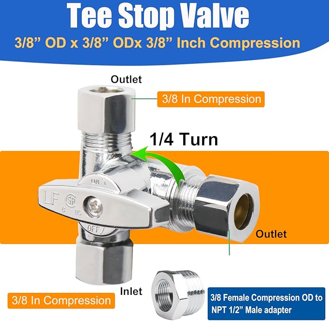 WHK Angle Stop Add-A-Tee Valve 3/8x3/8x3/8 or 1/2" Compression Tee Fittings Water Line Splitter 3 Way T Valve for Toilet Bidet,Sink Dishwasher(Lead-Free Brass)
