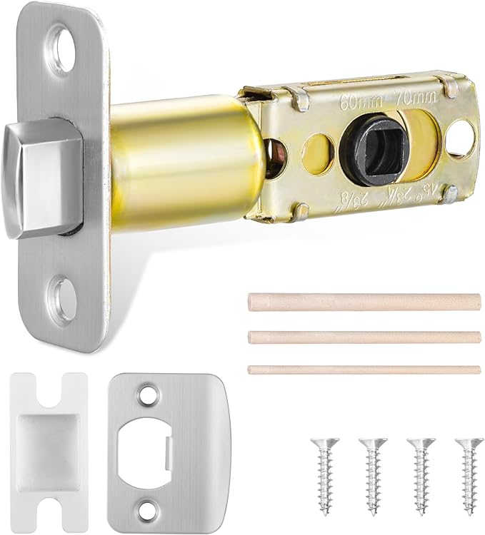 Satin Nickel Adjustable Door Latch 60 or 70mm, 45° Turning Angle, Door Lock Replacement Parts with Door Strike Plate, Wood Dowel, Dust-Boxes