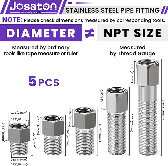 5-Pack Stainless Steel Extension Pipe Fitting, Josaton 1/2" Female to 1/2" Male Pipe Extension Fittings Connector for Tub Spout/Shower, Hex Bushing Converter Adapter, 30MM/40MM/50MM/70MM/100MM Length