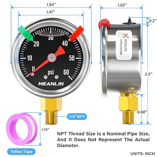MEANLIN MEASURE 0~60Psi Black Stainless Steel Pressure Gauge, Glycerin Filled 1/8" NPT 1.5" FACE DIAL, Liquid Filled Pressure Gauge WOG Water Oil Air Lower Mount (with 2PCS Snaps)