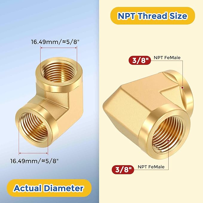 1 Pack Brass Pipe Fittings, 90 Degree 3/8" FeMale NPT to 3/8" FeMale NPT Barstock Street Elbow, Forged Pipe Fitting Connector for Air, Oil, LP