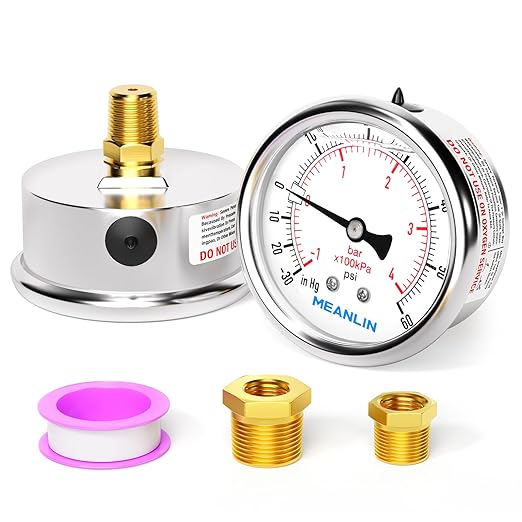 MEANLIN MEASURE -30inHG~60Psi Stainless Steel 1/4" NPT 2.5" FACE DIAL Vacuum Pressure Gauge, Center Back Mount, 1/2" NPT and 3/8" NPT Hex Bushing