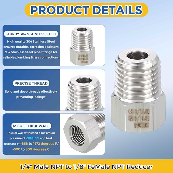 2 Pack 304 Stainless Steel Pipe Fittings, 1/4" MNPT to 1/8" FNPT Hex Bushing Reducer, Hose Tube Threaded Adapters for Air, Oil, LP, Gas