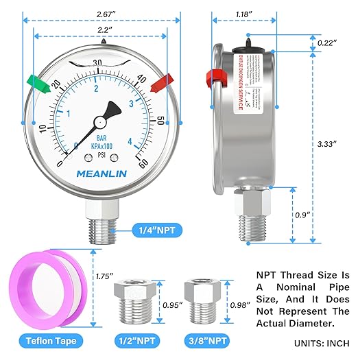 MEANLIN MEASURE 0~60Psi Stainless Steel Liquid Filled Pressure Gauge 2.5" FACE DIAL 1/4" NPT for Pool Filter Pump Water Oil Air Compressor Lower Mount with Stainless Steel Hex Bushing and Snaps