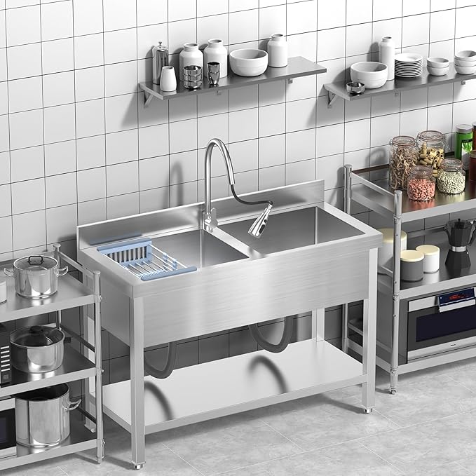 46.9Inch Stainless Steel Utility Sink 2-Compartment Commercial Sink with Pull-out Faucet, Free Standing Double Bowl Kitchen Sink for Restaurant, Garage, Shop, Cafe