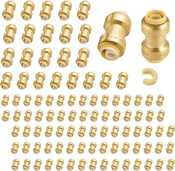 100-Pack Niikappu Push Fit Fittings, 1/2" x 1/2" Brass Plumbing Fittings to Connect PEX, Copper, CPVC, Brass Straight Coupling With Disconnect Clip