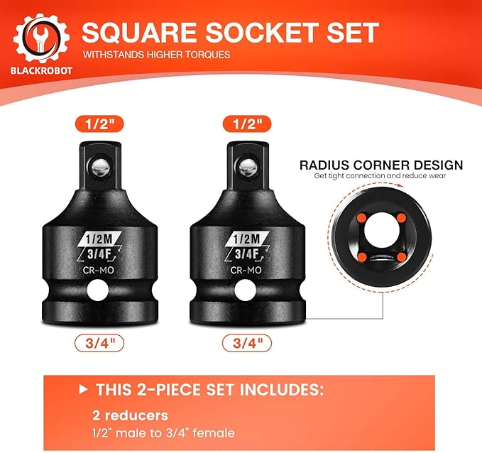 BLACKROBOT 2 Pieces 3/4” F To 1/2” M Impact Socket Adapter Set, SAE Drive Cr-Mo Steel Exceeds ANSI Standards, Square Drive Socket Reducer for Impact Driver Wrench