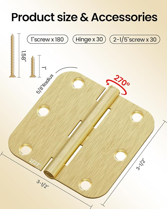 Gold Door Hinges - 30 Pack 3.5 Inch Rounded with 5/8" Radius Satin Brass Door Hinges for Interior and Exterior Doors - Heavy Duty 3 1/2" Brushed Gold Residential Door Hardware