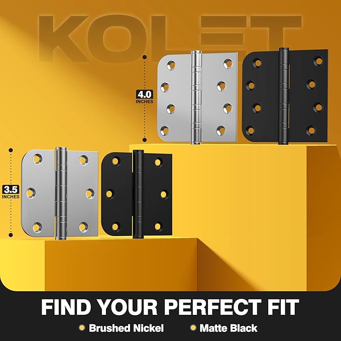 KOLET Ball Bearing Door Hinges, 3.5 x 3.5 Inches Black Front Door Hinges, Heavy Duty Stainless Steel Hinges, Square and 5/8'' Radius Corner, Smooth and Quiet, Non Removable Pin, Matte Black, 6 Pack