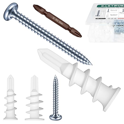Self Drilling Anchor Screws, 310PCS Dry Wall Anchors and Screws Kit 155pcs Plastic Dry Wall Anchors and 155pcs Truss Pan Head Screw, Wall Hanging Kit