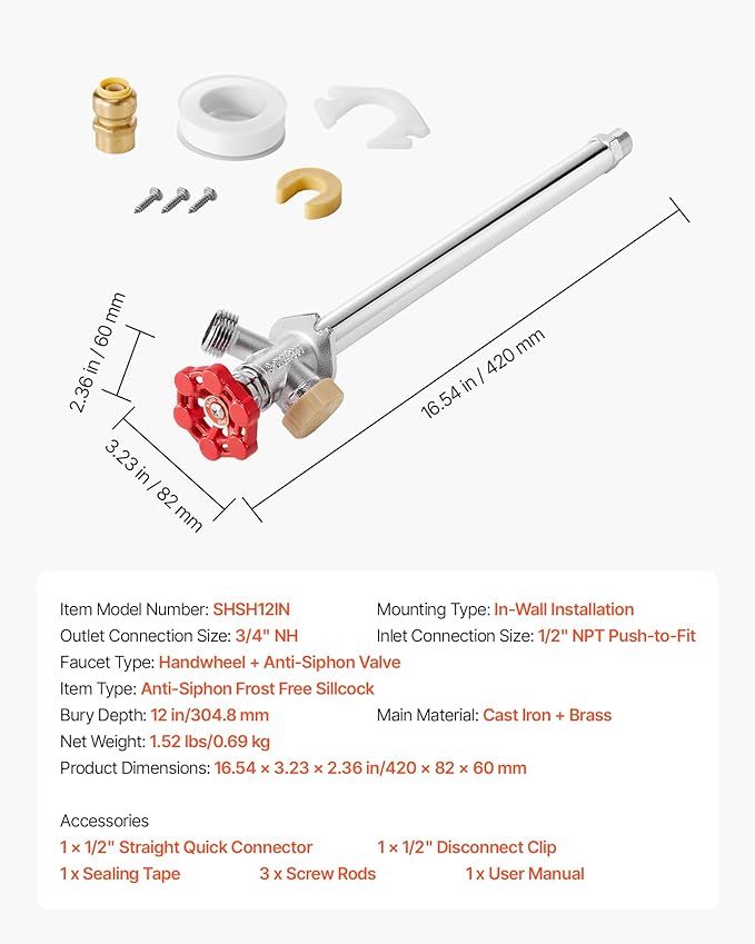 VEVOR Anti-Siphon Frost-Proof Sillcock, 12" Freeze Proof Outdoor Faucet Bib with Backflow Preventer, 1/2" Push-to-Fit Connector X 3/4" Hose Bibb, No Lead Frost-Free Spigot for PEX Copper CPVC Pipes