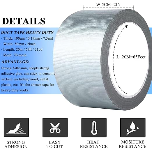 2 Pack Duct Tape Heavy Duty, Waterproof, Heat Resistant, Strong Adhesive Packaging Tape for HVAC, Home Improvement, Outdoor, Packing Boxes, Pipe Insulation, Window Sealing (21 Yards x 2 Inch)