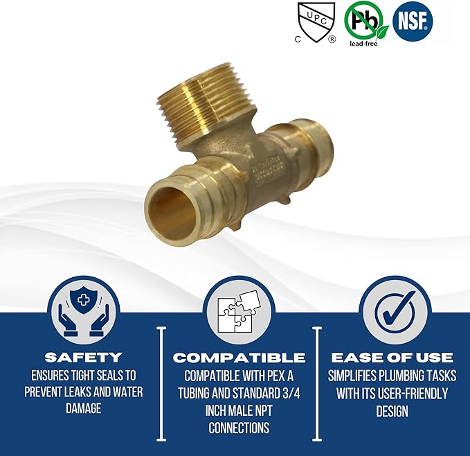 XFITTING Pex A 3/4 Inch x Pex A 3/4 Inch x 3/4 Inch Male NPT Tee, Pex A Male NPT Tee, 29-6-2=2XX, 2 Pieces