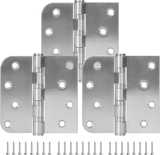 3 Pack Ball Bearing Door Hinges, 4 Inch x 4 Inch Heavy Duty Stainless Steel Door Hinges with Square & 5/8'' Round Radius Corner for Exterior & Interior Doors, Silver