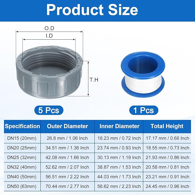uxcell 5Pcs 1-1/2 Inch PT Female Thread PVC Pipe Fitting Cap, Cleanout Water Drain End Caps, Pipe Plug Socket Fittings with Tape for Water Heater Supply Lines, Plumbing, Gray